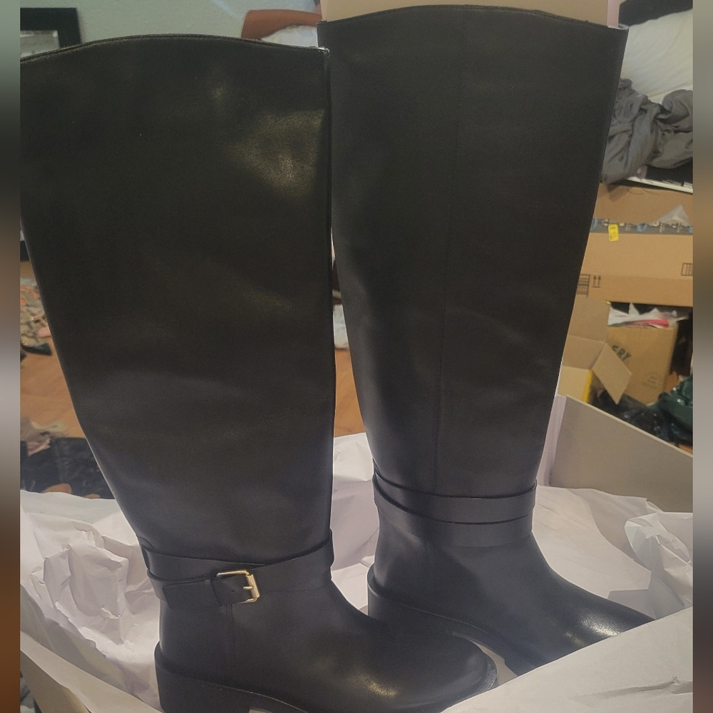 H&M Black Genuine Leather Knee Boots Brand New